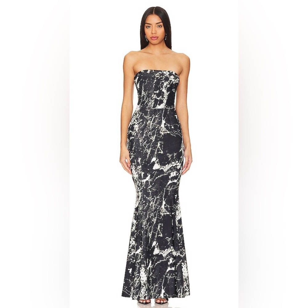 Norma Kamali Strapless Fishtail Gown in Black and White Marble Print, sz M